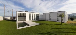 Fachada lateral con jardín y piscina casa Guimarei, estudio arquitectura en A Estrada